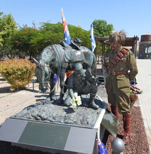 Sculpture of Light Horseman and his horse at grave of mate.